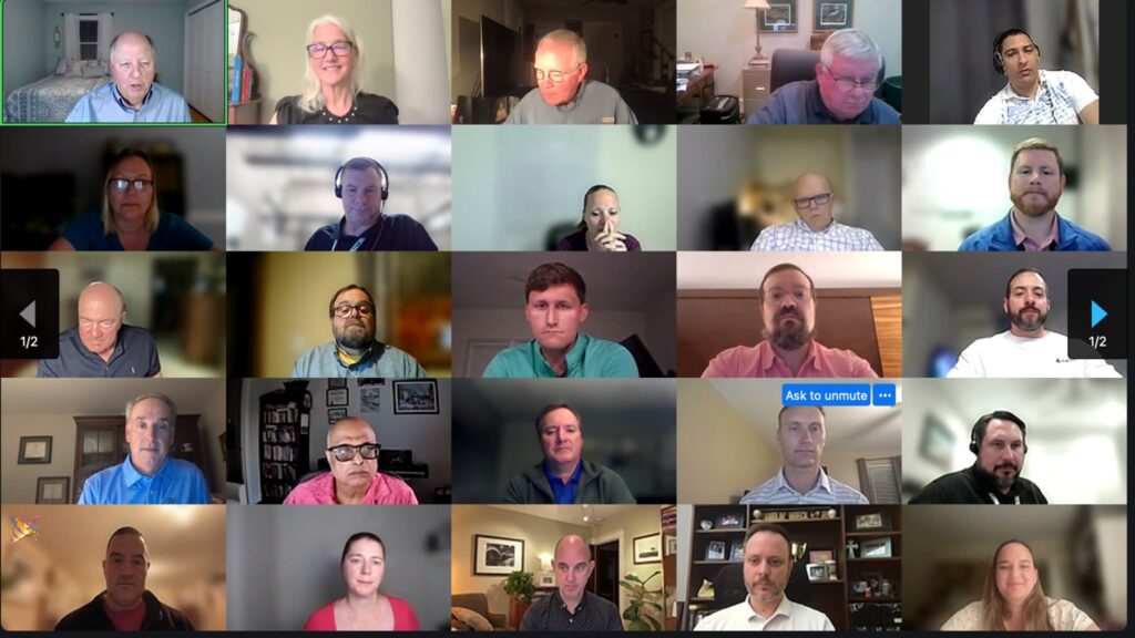 Grid of participants on a video call during a virtual Severn Leadership Group session
